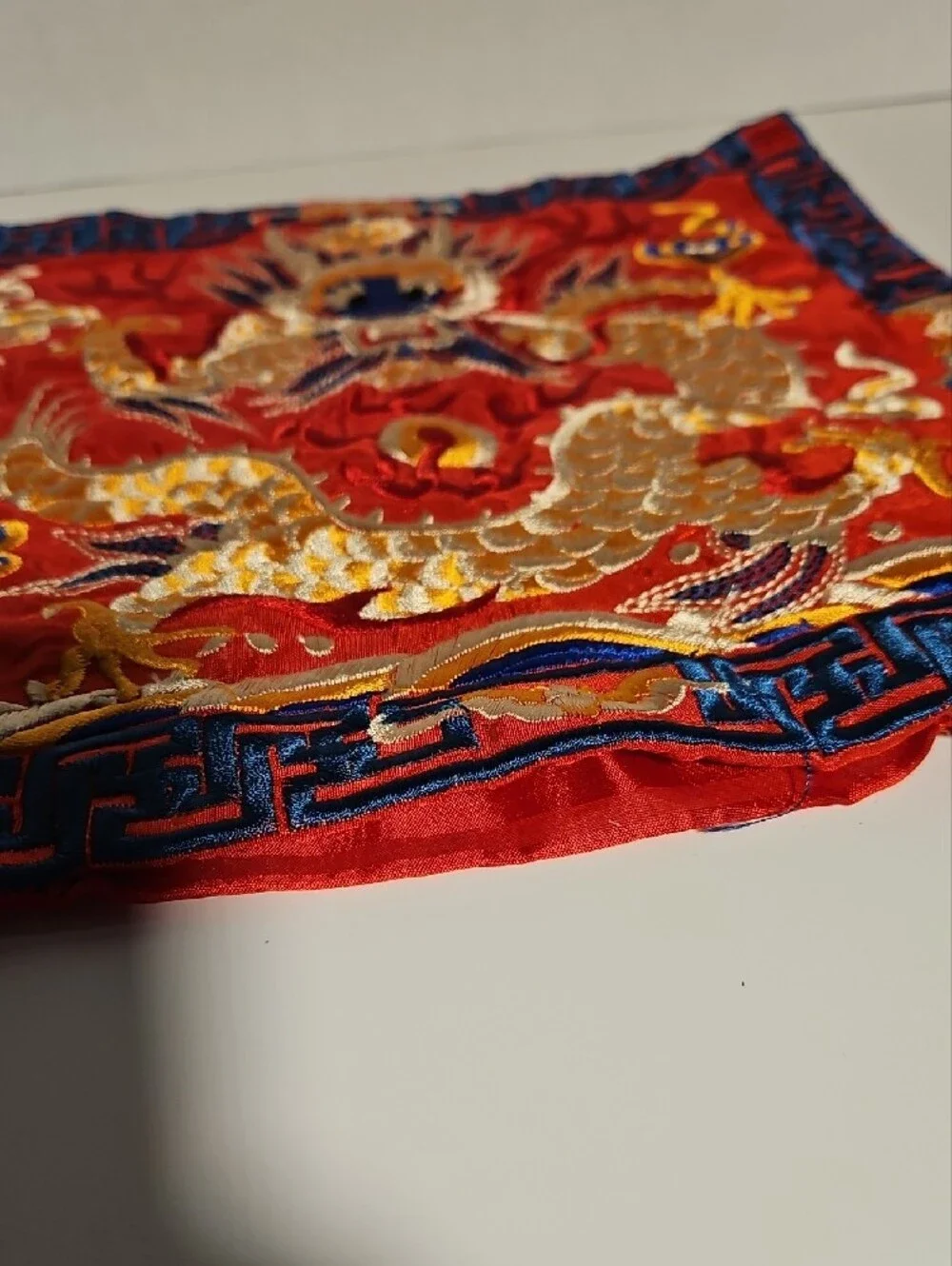 Embroidered Dragon Pillow Cover - Red, Gold, Blue